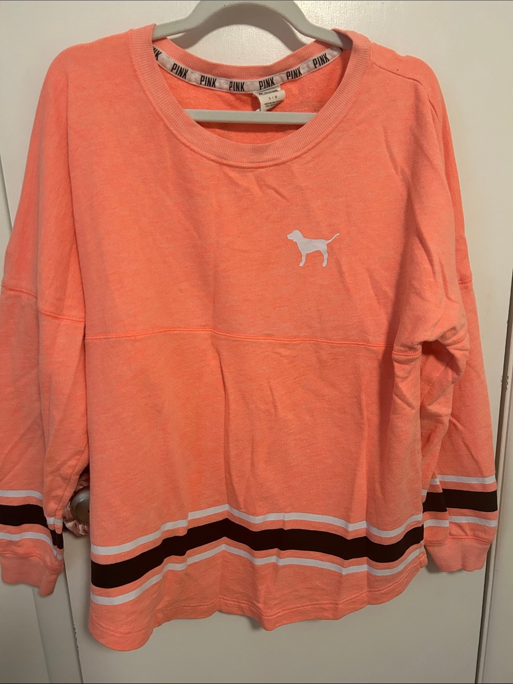 Victoria's Secret PINK orange  Pullover with White & blue Stripe Detail